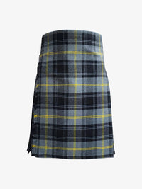 Plaid kilt with blue, gray, and yellow pattern on a white background