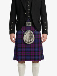 Person wearing a black jacket and purple plaid kilt with a silver sporran on a white background