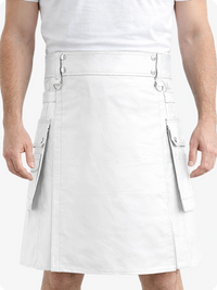 White Genuine Leather Utility Kilt with Cargo Pockets & D-Rings