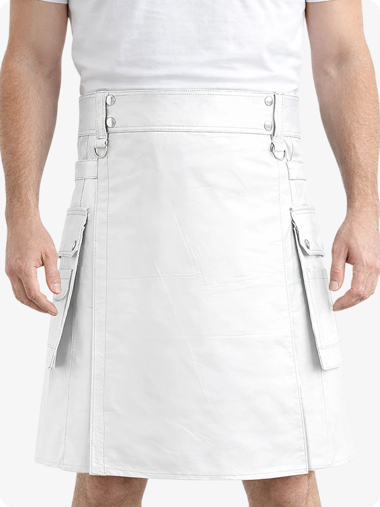 White Genuine Leather Utility Kilt with Cargo Pockets & D-Rings