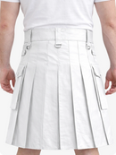 White Genuine Leather Utility Kilt with Cargo Pockets & D-Rings