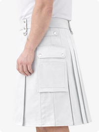 White Genuine Leather Utility Kilt with Cargo Pockets & D-Rings