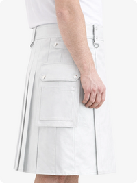 White Genuine Leather Utility Kilt with Cargo Pockets & D-Rings