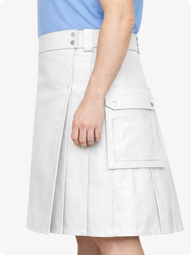 White Genuine Leather Utility Kilt with Side Pockets