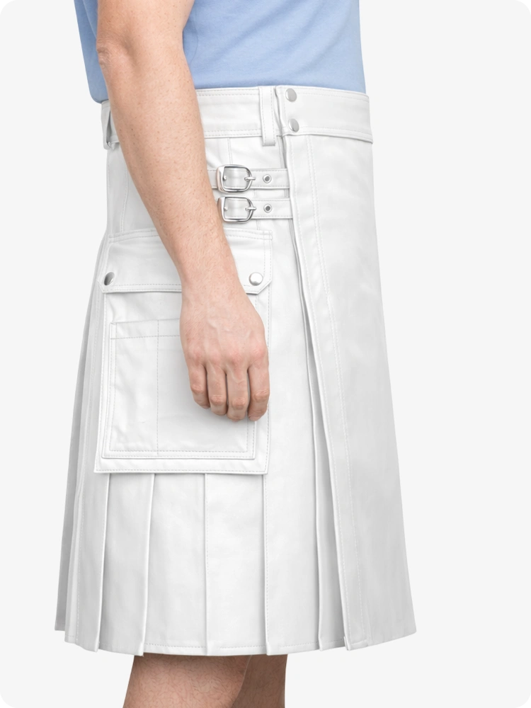 White Genuine Leather Utility Kilt with Side Pockets