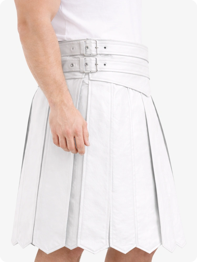 White Leather Highland Kilt Adjustable Buckle Waist & Classic Pleats