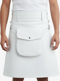 White denim skirt with a front pocket worn by a person
