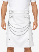 White Leather Utility Kilt with Chain Detailing & Adjustable Straps