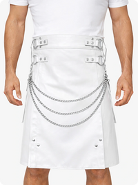 White Leather Utility Kilt with Chain Detailing & Adjustable Straps