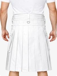 White Leather Utility Kilt with Chain Detailing & Adjustable Straps