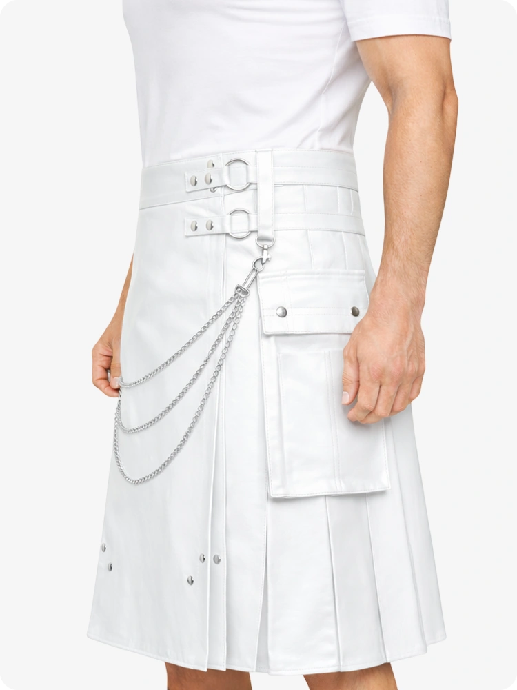 White Leather Utility Kilt with Chain Detailing & Adjustable Straps