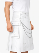 White Leather Utility Kilt with Chain Detailing & Adjustable Straps