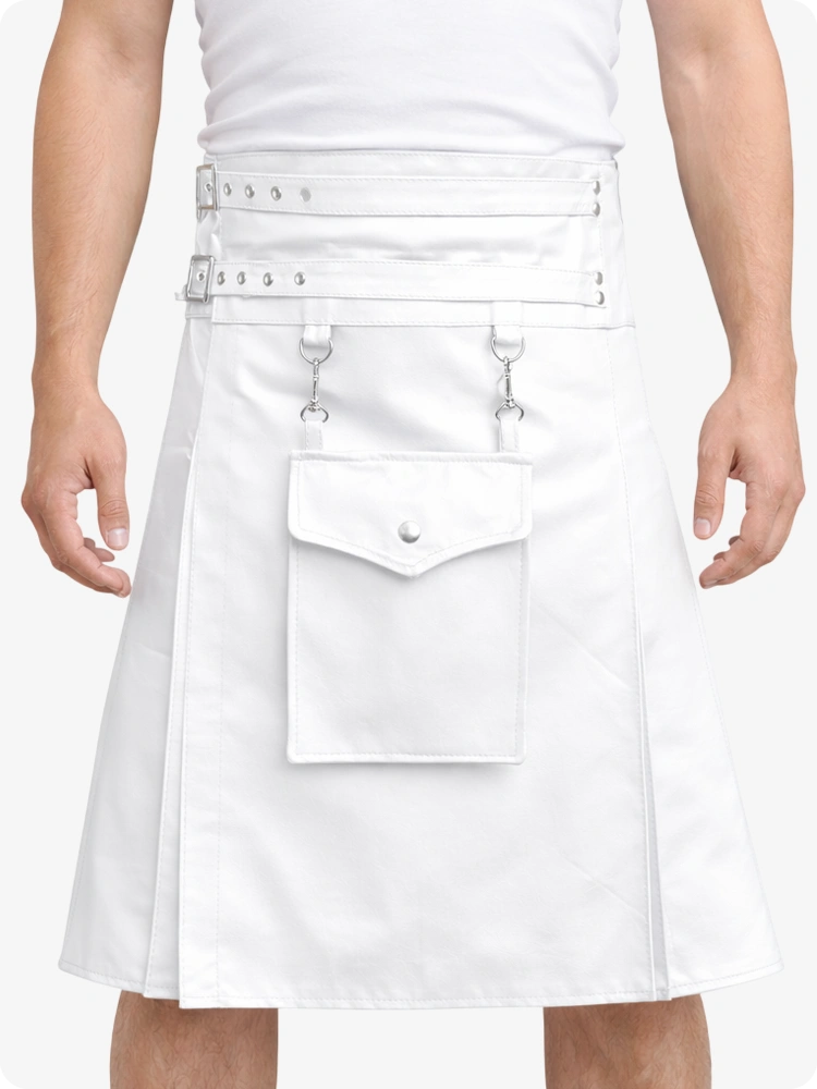 White Leather Utility Kilt with Front Pocket & Adjustable Buckle Straps