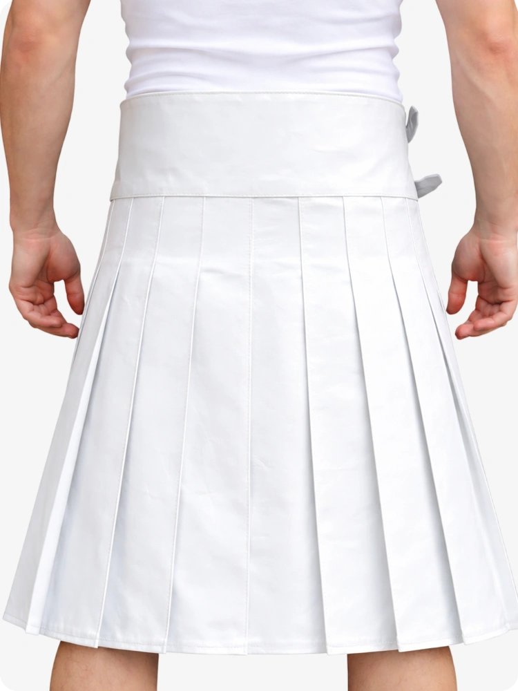 White Leather Utility Kilt with Front Pocket & Adjustable Buckle Straps