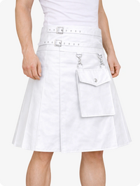 White skirt with belt and pocket details on a white background