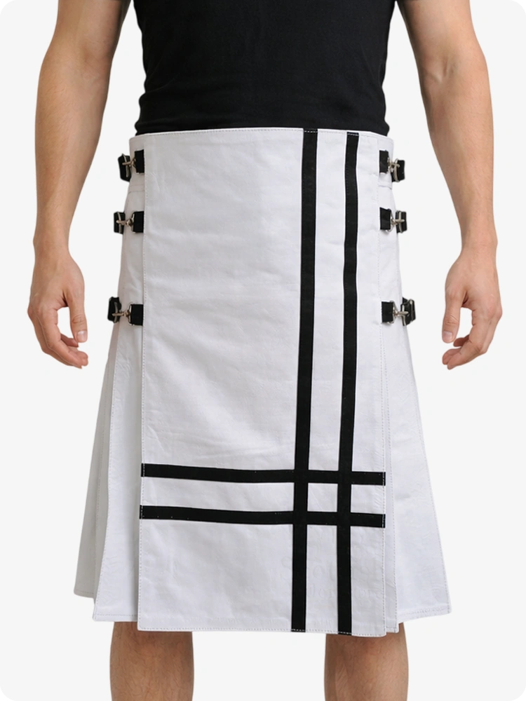White Leather Utility Kilt with Side Buckles & Pleated Back