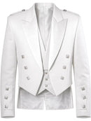 A white double-breasted tuxedo jacket with silver metallic studs and lapel details, shown against a plain white background.