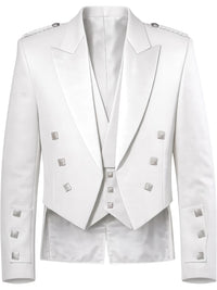A white double-breasted tuxedo jacket with silver metallic studs and lapel details, shown against a plain white background.