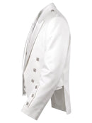 A white double-breasted blazer with silver decorative buttons and embellished lapels, shown in a side profile view against a plain white background.