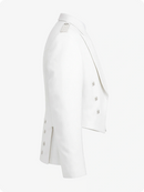 White blazer with button details on a white background
