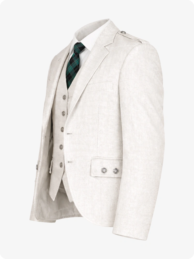 White three-piece suit with a green plaid tie on a white background
