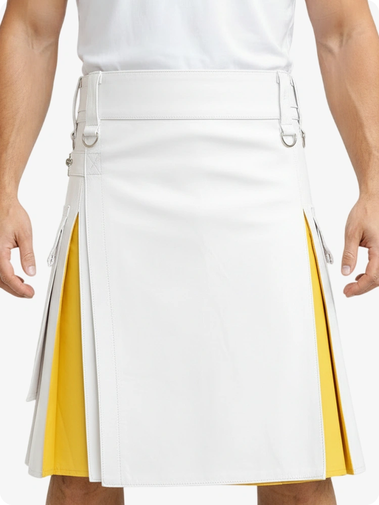 Weiß & Gelb Leder Utility Kilt mit Cargotaschen