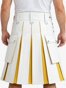 White pleated skirt with yellow accents worn by a person on a white background
