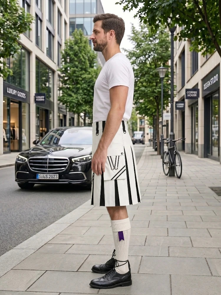 White and Black Leather Hybrid Utility Kilt Left Side