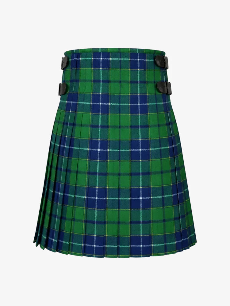 Green and blue plaid kilt on a white background