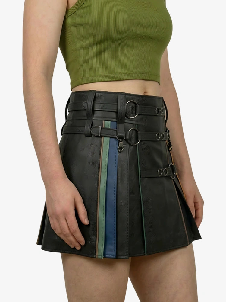 Damen Leder Regenbogen Kilt mit Ring-Riemen