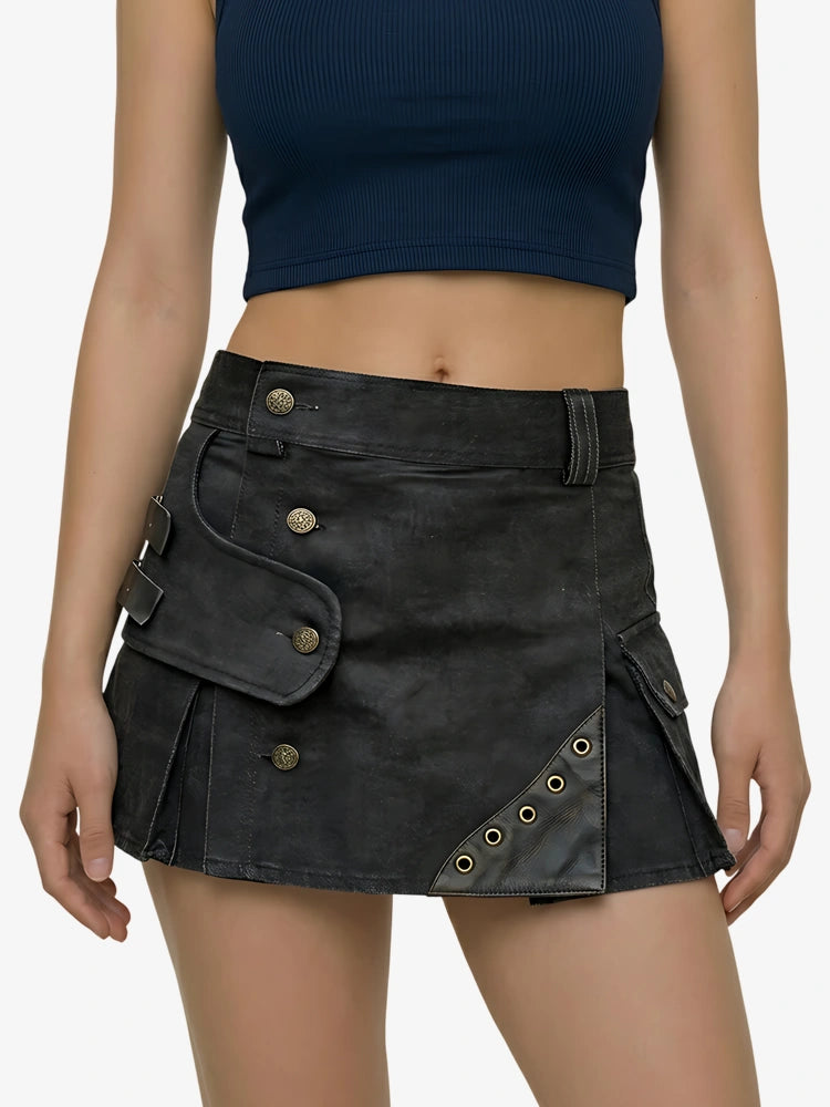 Damen schwarzer Denim Utility Strap Kilt