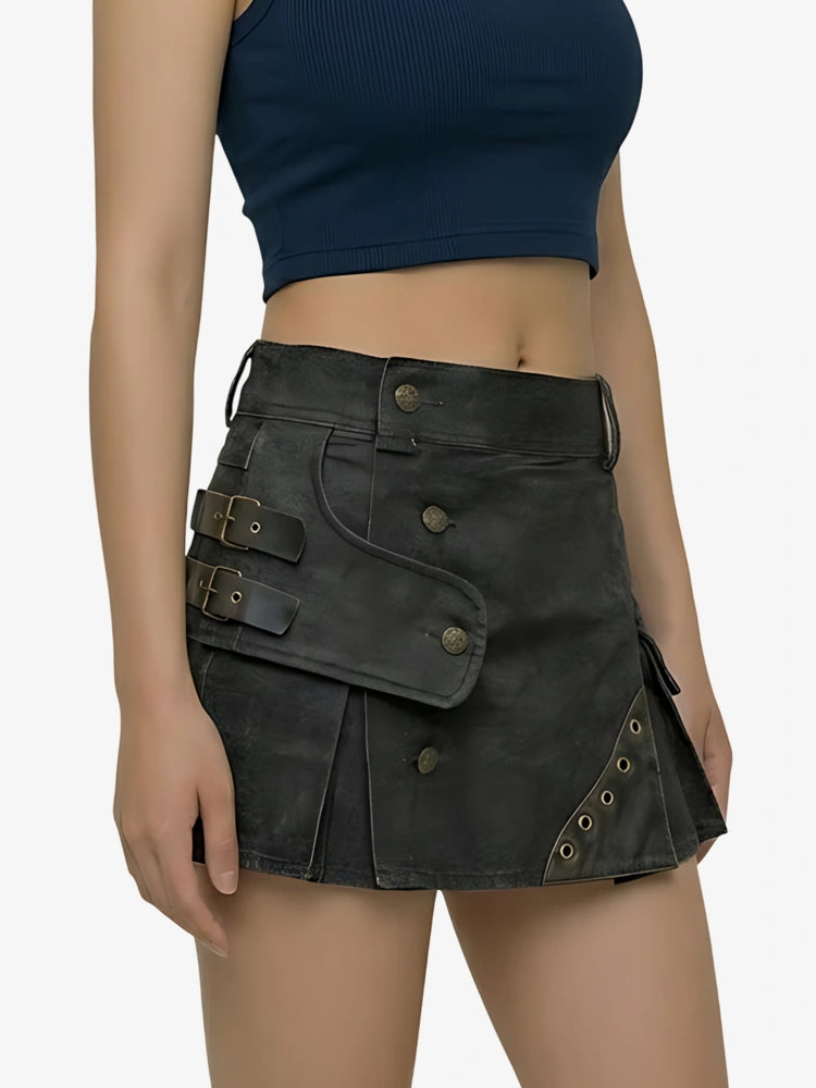 Damen schwarzer Denim Utility Strap Kilt