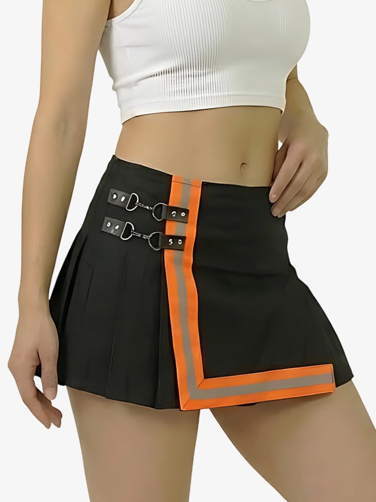 Damen Schwarzer Feuerwehr Kilt mit orangefarbenen Streifen
