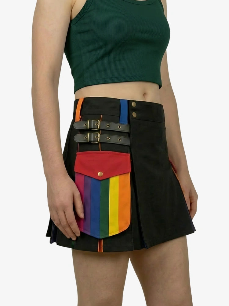 Women Black Firefighter Kilt with Red & Blue Pleats
