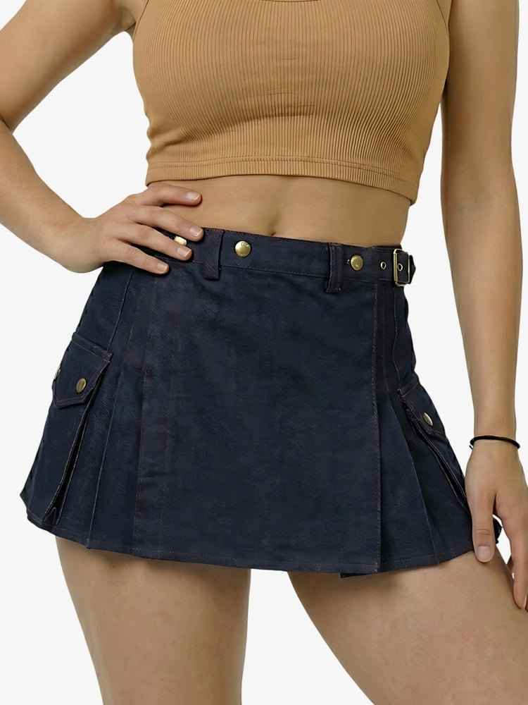 Damen dunkelblauer Denim Kilt mit rotem Faden