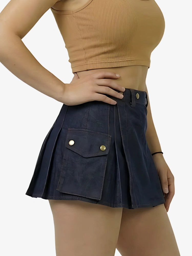 Damen dunkelblauer Denim Kilt mit rotem Faden