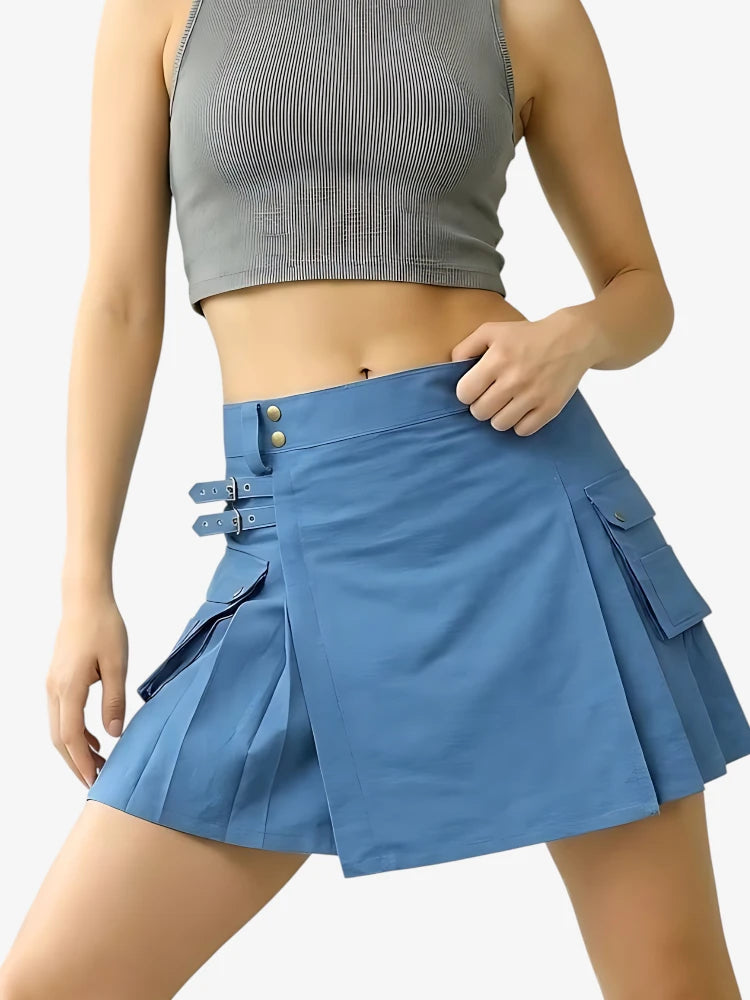 Damen Blauer Denim Kilt mit Verstellbaren Riemen