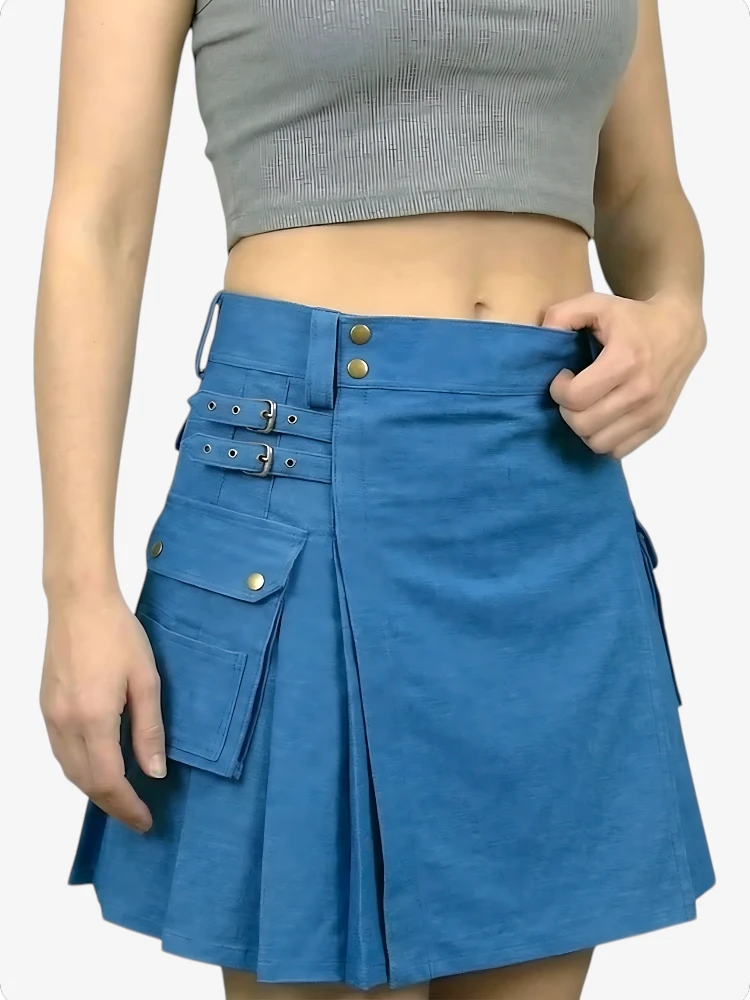 Damen Blauer Denim Kilt mit Verstellbaren Riemen