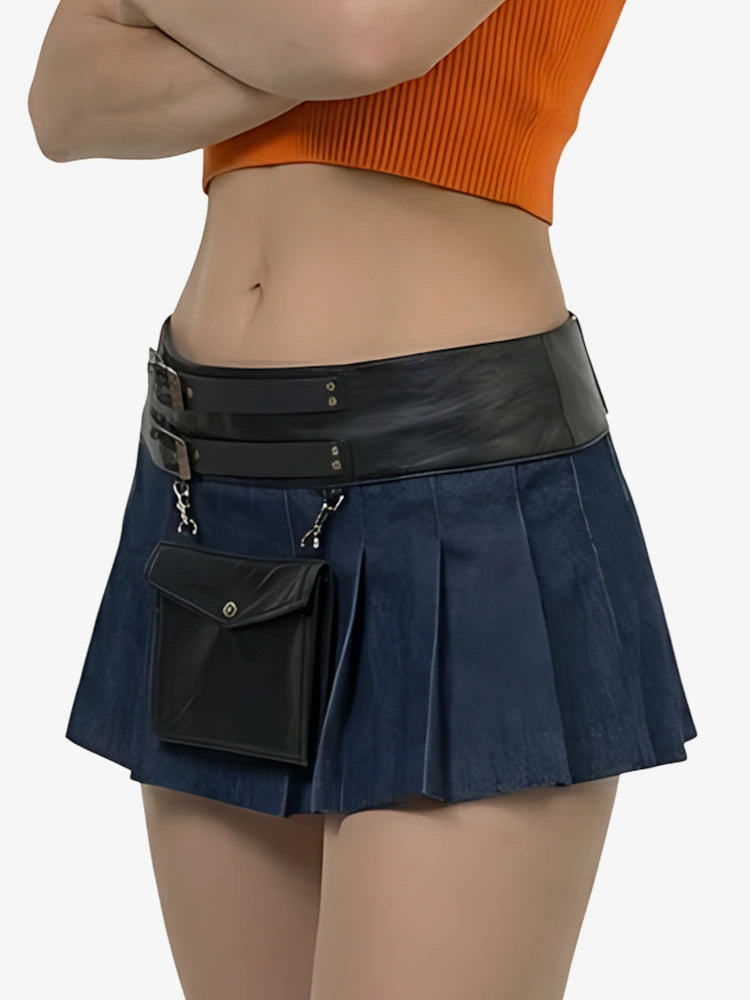 Damen Blauer Denim Leder Utility Kilt