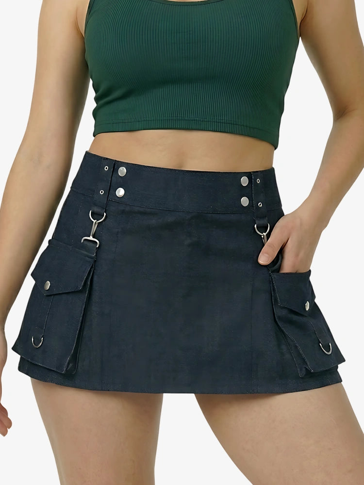 Damen blauer Denim Kilt mit Schnallen