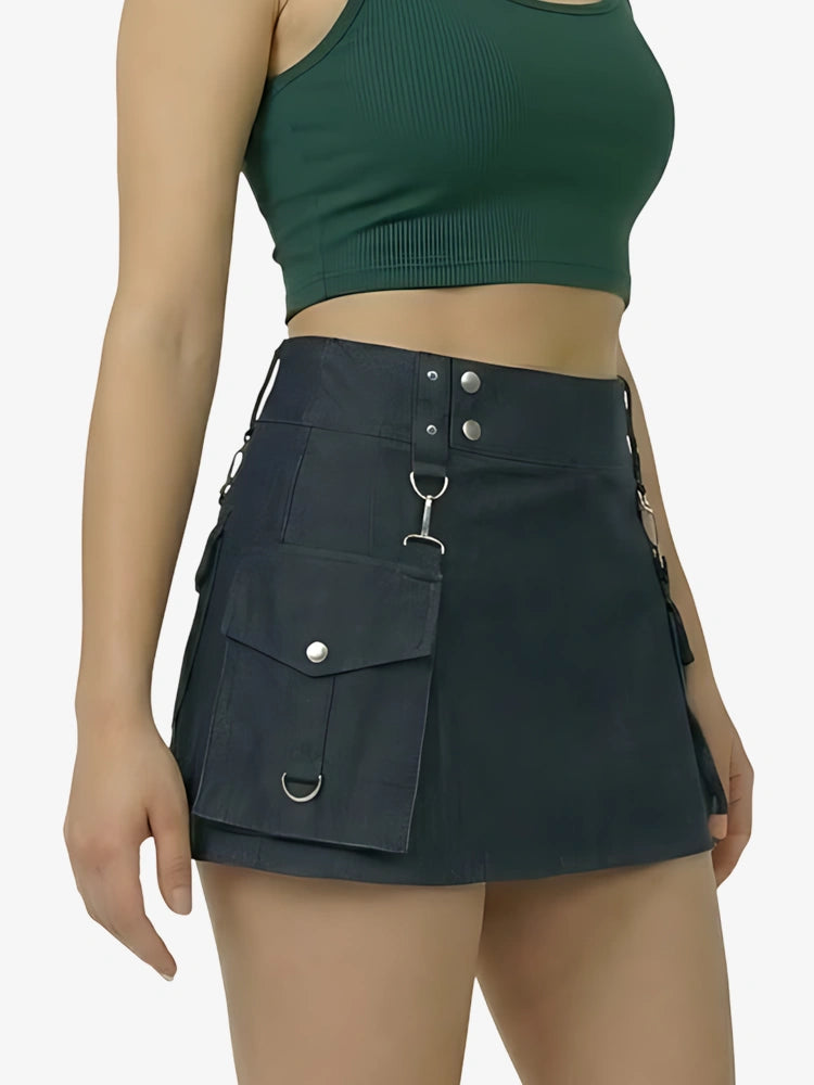 Damen blauer Denim Kilt mit Schnallen