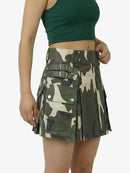 Camouflage kilt worn by a person on a white background