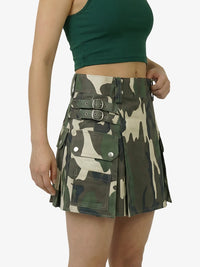 Camouflage kilt worn by a person on a white background