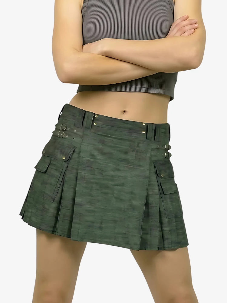 Damen Dunkeloliver Denim Kilt mit Cargotasche