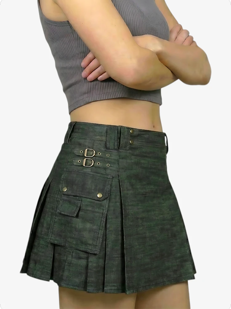 Damen Dunkeloliver Denim Kilt mit Cargotasche