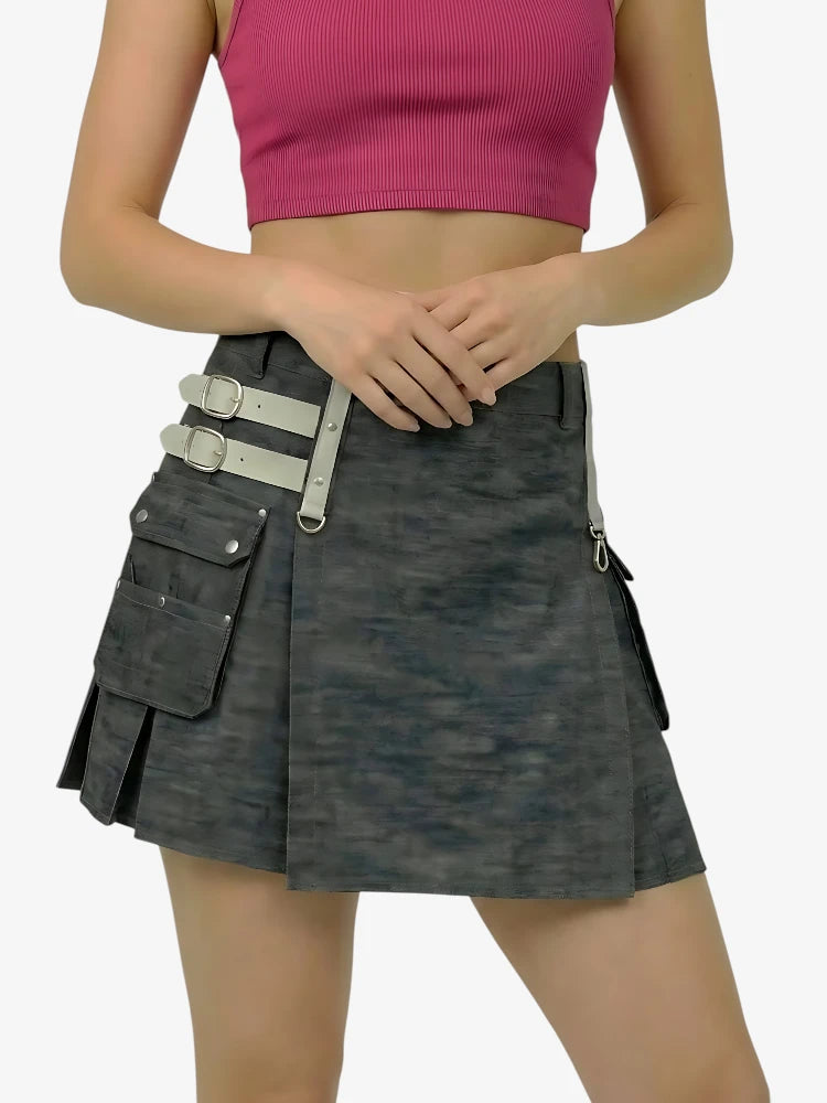 Damen Denim Utility Kilt mit Verstellbaren Riemen