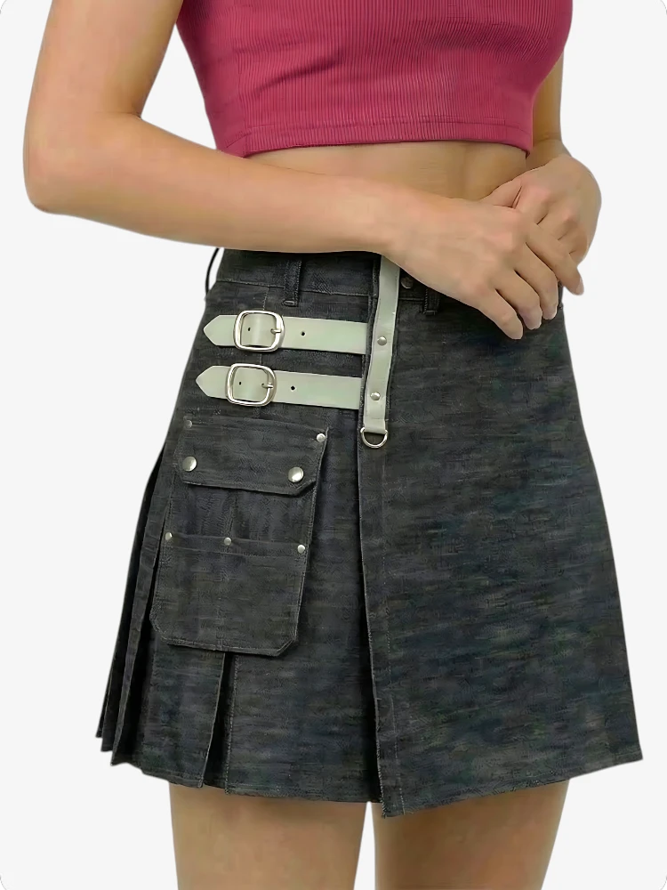 Damen Denim Utility Kilt mit Verstellbaren Riemen