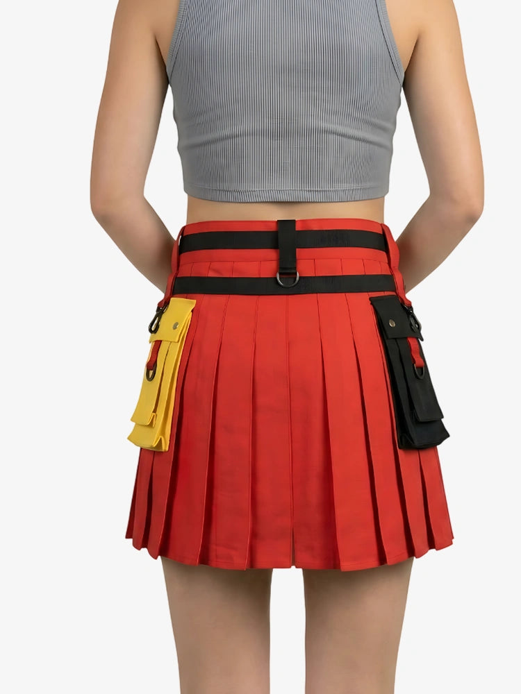 Red pleated skirt with black belt and yellow pouch on a white background
