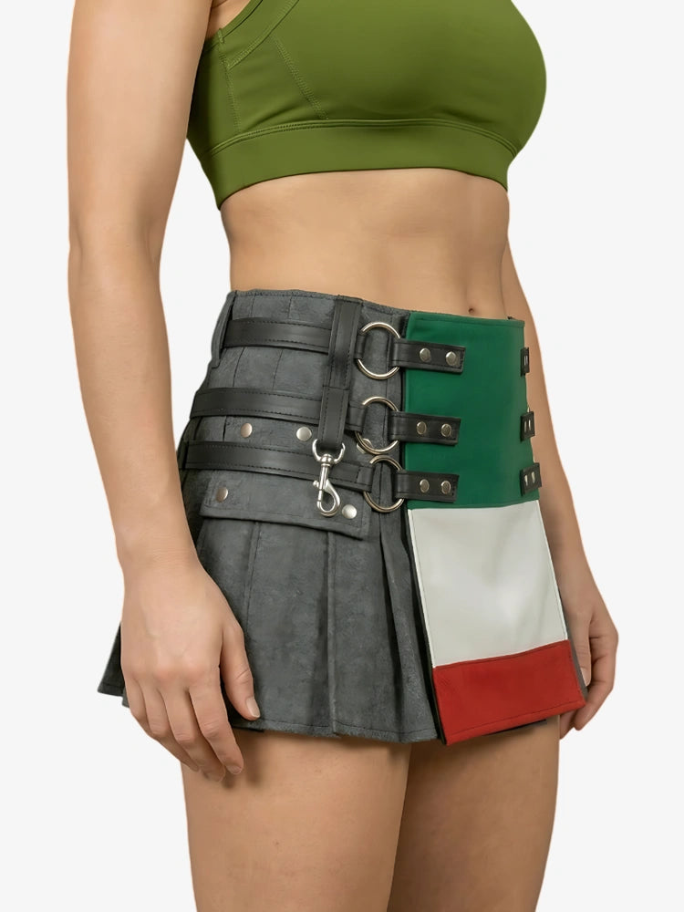 Damen Italienische Flagge Schwarzer Denim Kilt mit Lederriemen