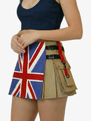 Person wearing a skirt with a Union Jack design and a beige utility belt.